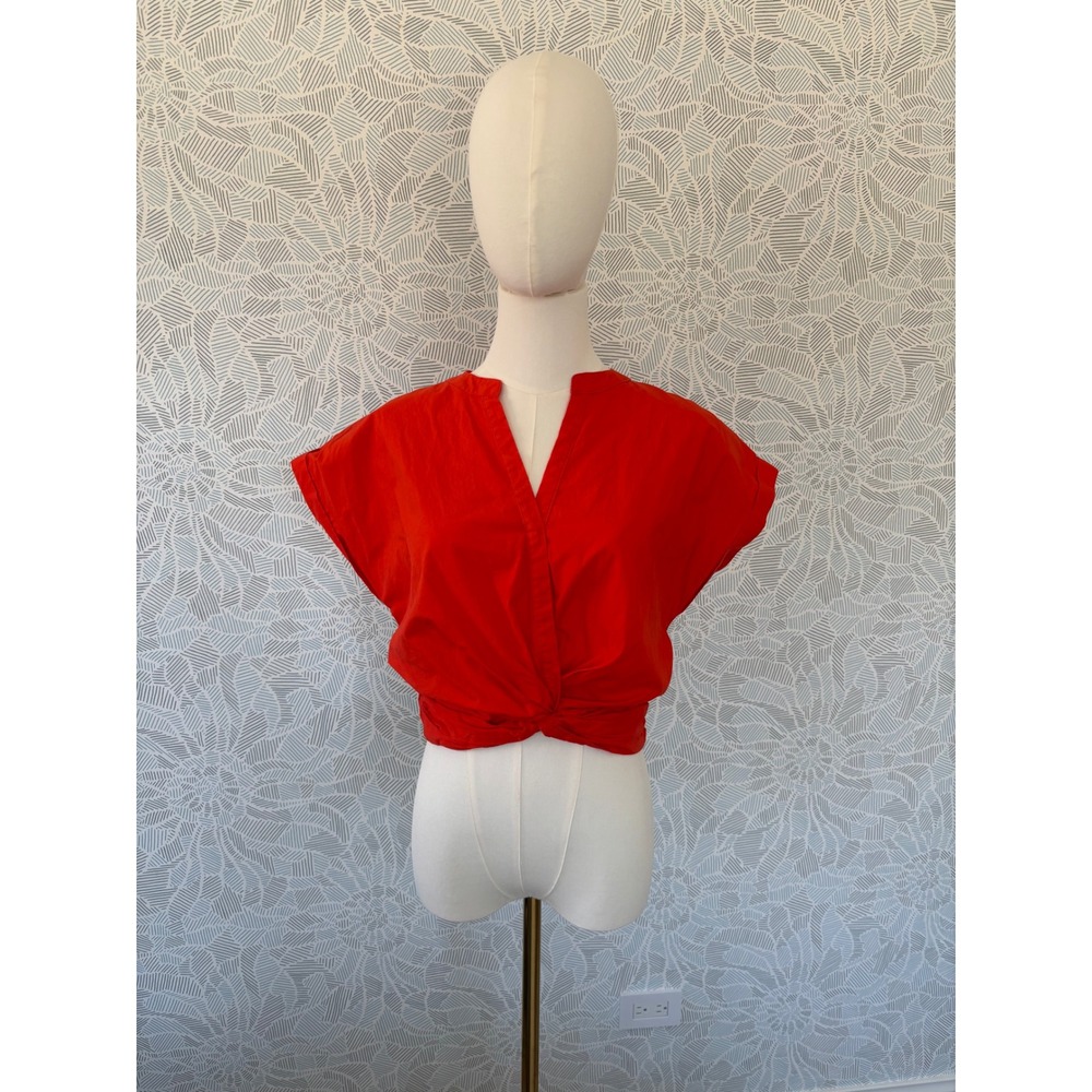 Evereve Fall Orange Twist Front Smocked Hem So Flattering! 100% Poplin Cotton XS